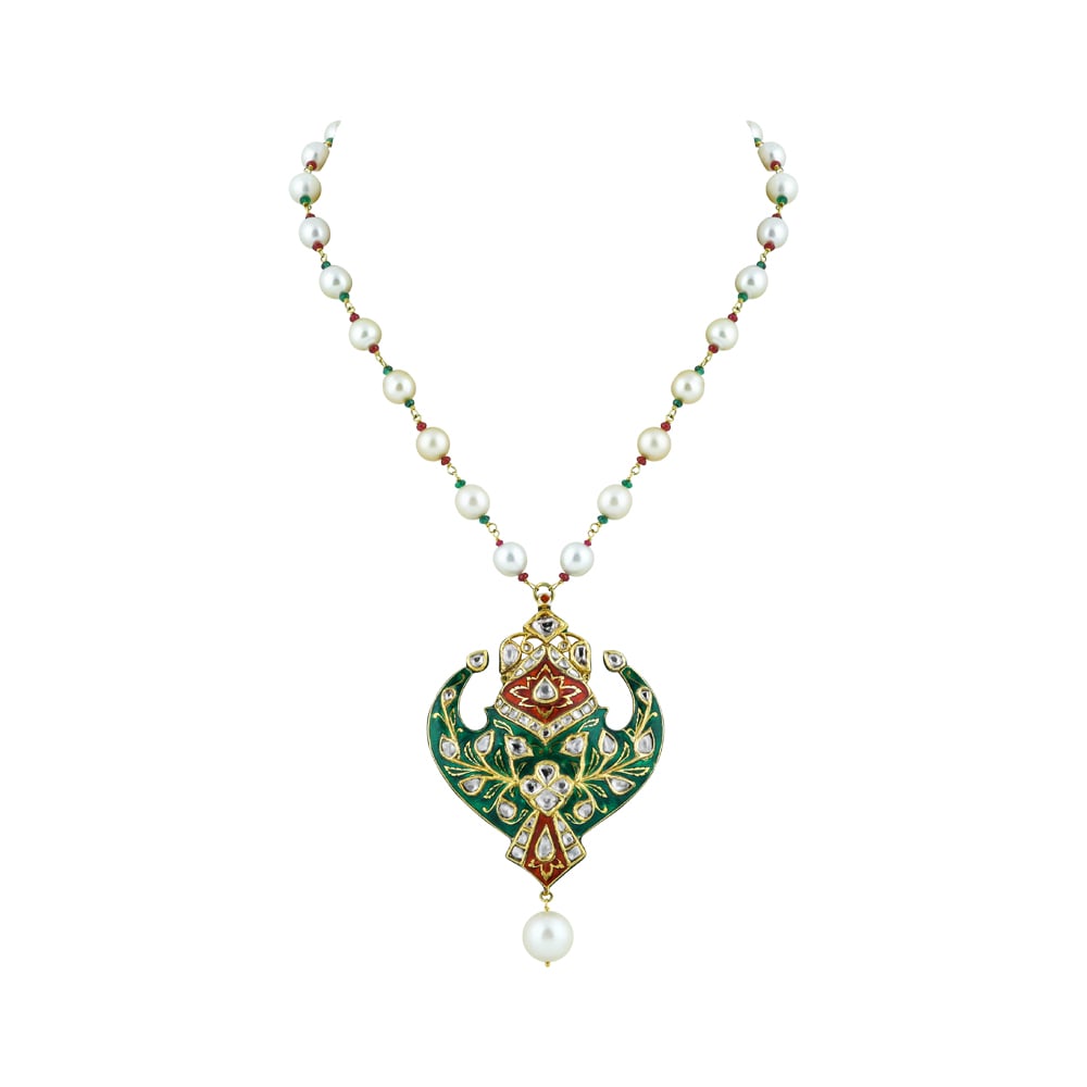 Pearl Necklace with Green-Red Enamel Pendant